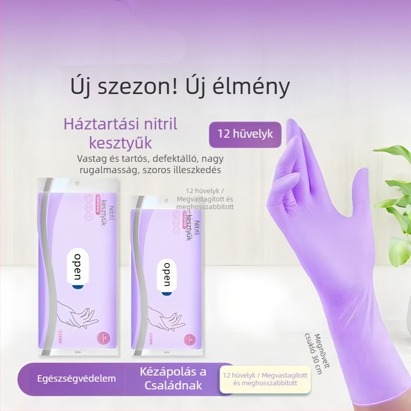 Élelmiszer-minőségű nitril kesztyűk háztartási használatra – vastagabb és hosszabb kivitel, vízálló, csúszásmentes, mosogatáshoz és edények tisztításához