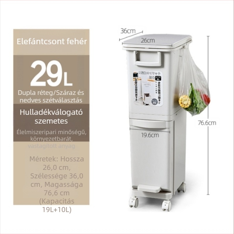 Háztartási műanyag szemetes a hulladék szelektálásához fedővel és lábpedállal, hosszú hengeres, dupla rétegű kialakítás száraz és nedves hulladékhoz