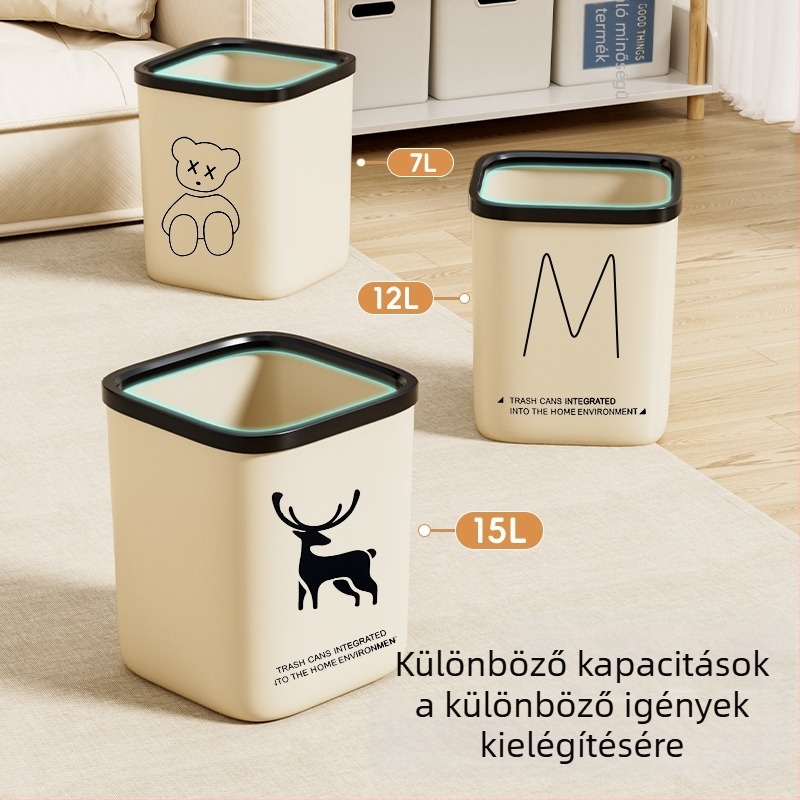 Nagy kapacitású négyzet alakú műanyag szemetes fedél nélküli, otthoni és irodai használatra (12 L vagy több)