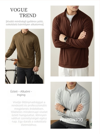 Rugalmas, elegáns üzleti polo nylon anyagból, hosszú ujjú, fél-zip és állógallér, egyszínű, gyorsan száradó.