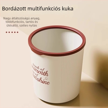Műanyag szemetes kuka, fedél nélküli, otthoni használatra; ideális konyha, fürdőszoba és nappali számára; hordó alakú, présgyűrűs kialakítás.