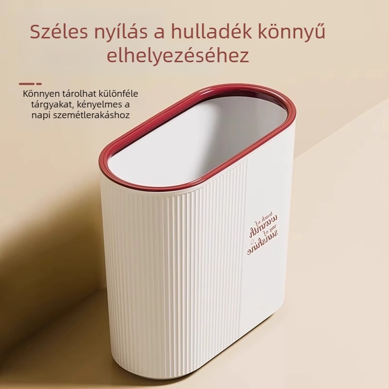 Műanyag szemetes kuka, fedél nélküli, otthoni használatra; ideális konyha, fürdőszoba és nappali számára; hordó alakú, présgyűrűs kialakítás.