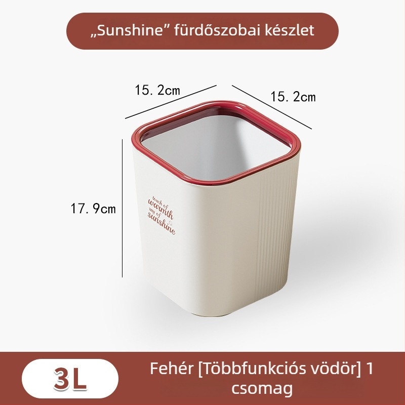 Műanyag szemetes kuka, fedél nélküli, otthoni használatra; ideális konyha, fürdőszoba és nappali számára; hordó alakú, présgyűrűs kialakítás.