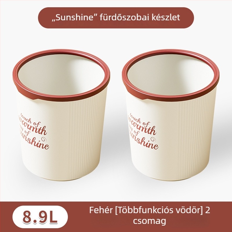 Műanyag szemetes kuka, fedél nélküli, otthoni használatra; ideális konyha, fürdőszoba és nappali számára; hordó alakú, présgyűrűs kialakítás.