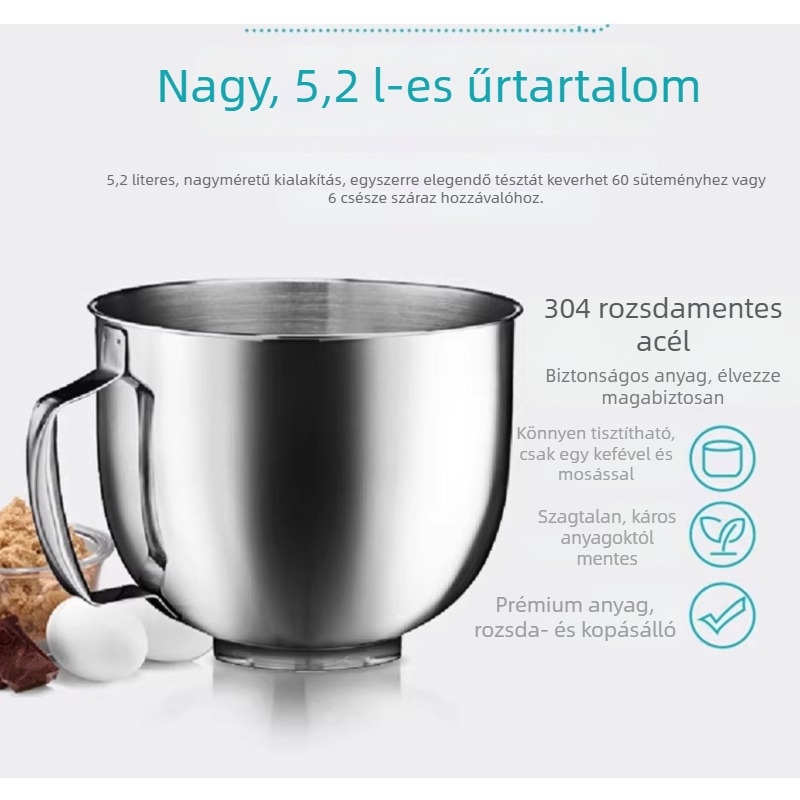 304 rozsdamentes acél keverőedény fogantyúval, nagy 5,2 literes tojás felverő tál, súlya 640 g