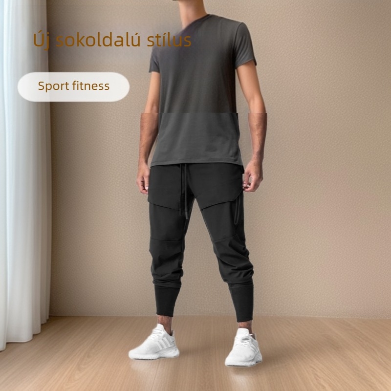 Férfi keskeny szabású sportos nadrág több zsebbel edzéshez és mindennapi viselethez