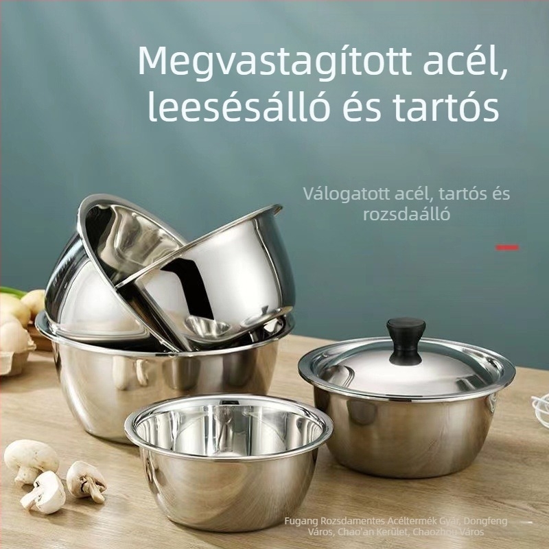 Vastag, mély rozsdamentes acél tál, fedővel, tojás felveréséhez, salátákhoz, tészta dagasztásához és zöldségek mosásához