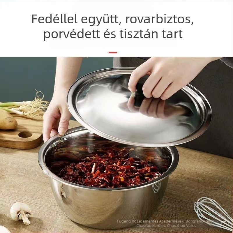 Vastag, mély rozsdamentes acél tál, fedővel, tojás felveréséhez, salátákhoz, tészta dagasztásához és zöldségek mosásához