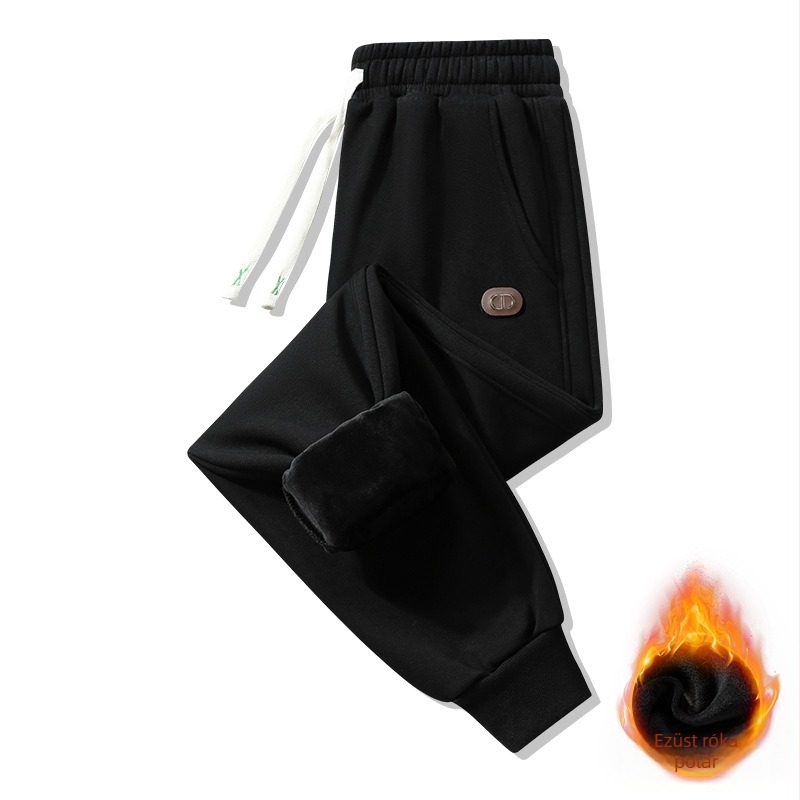 Fleece-béléses őszi-téli férfi sportnadrág, lazán szabott, elasztikus derékkal és kötővel, hosszú, modern jogger