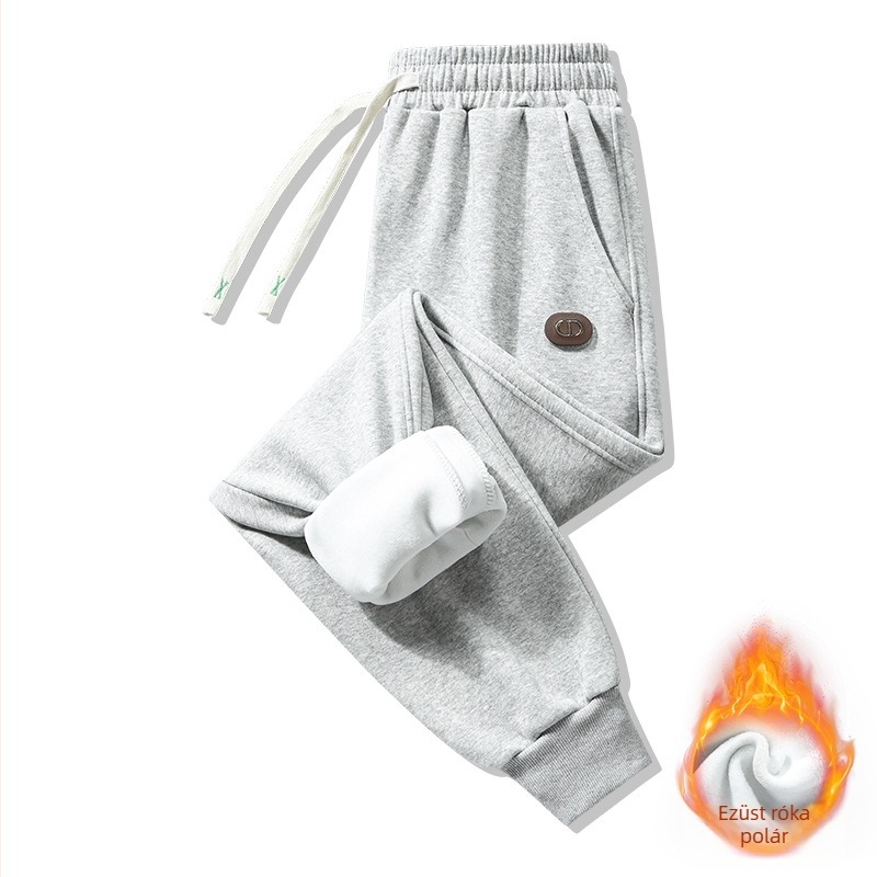Fleece-béléses őszi-téli férfi sportnadrág, lazán szabott, elasztikus derékkal és kötővel, hosszú, modern jogger
