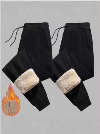 Férfiaknak készült fleece-bélelt, laza sportos nadrág téli viselet, egyenes szárú