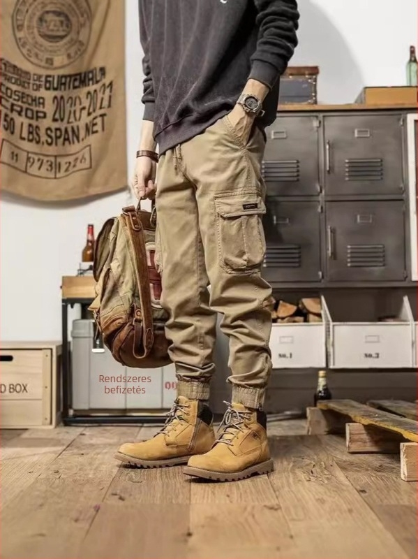 Őszi Amekaji stílusú munkanadrág, slim-fit jogger nadrág férfiaknak, több zseb, pamut, hétköznapi, retro stílus