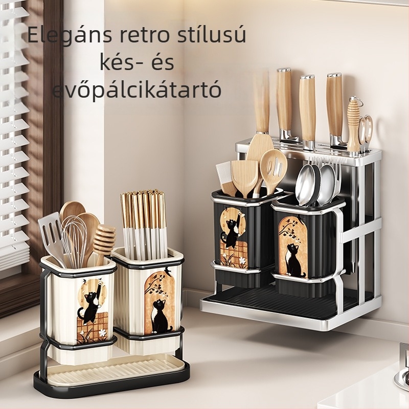 Falira szerelhető evőpálcika tartó és konyhai polc vízelvezetővel, penészmentes, kínai klasszikus stílusú kés-tartó