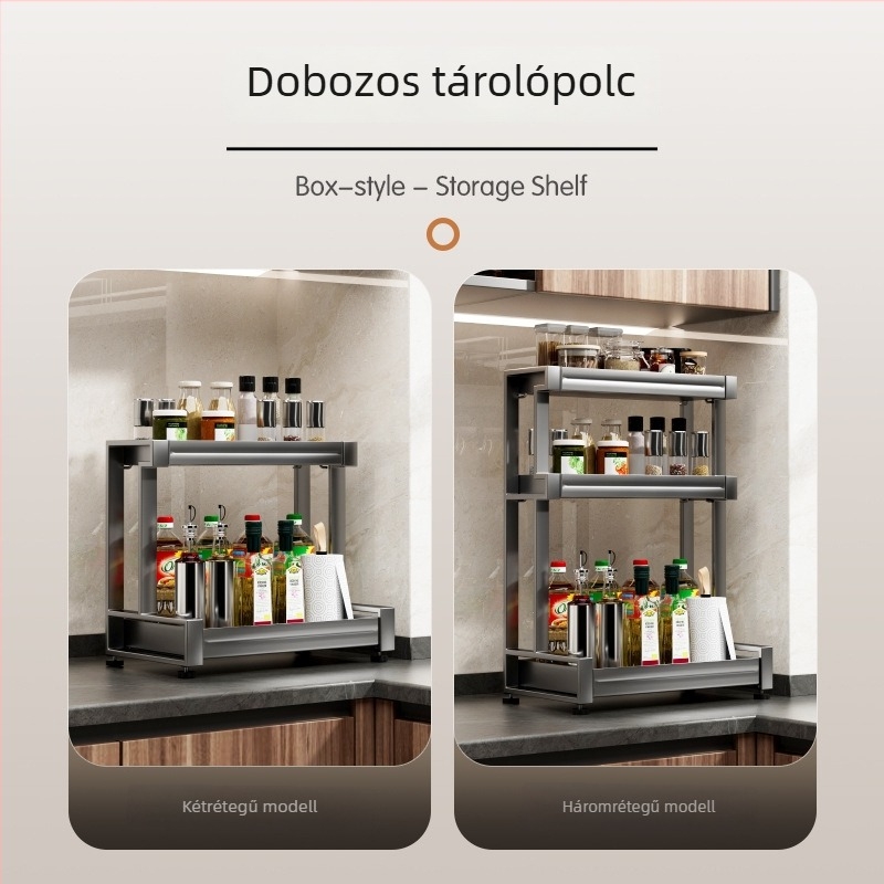 Vastagított, többfunkciós konyhai pulttároló állvány, több szintes fűszerekhez és edényekhez
