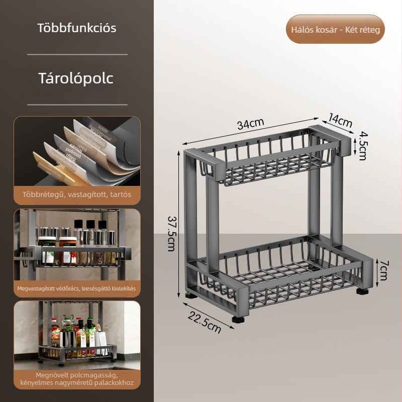 Vastagított, többfunkciós konyhai pulttároló állvány, több szintes fűszerekhez és edényekhez