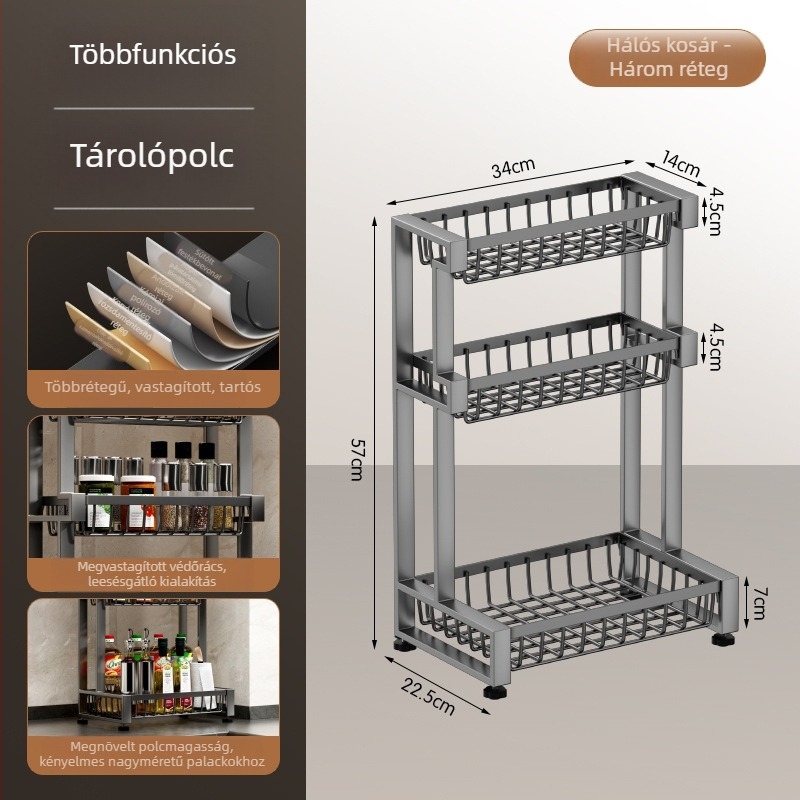 Vastagított, többfunkciós konyhai pulttároló állvány, több szintes fűszerekhez és edényekhez