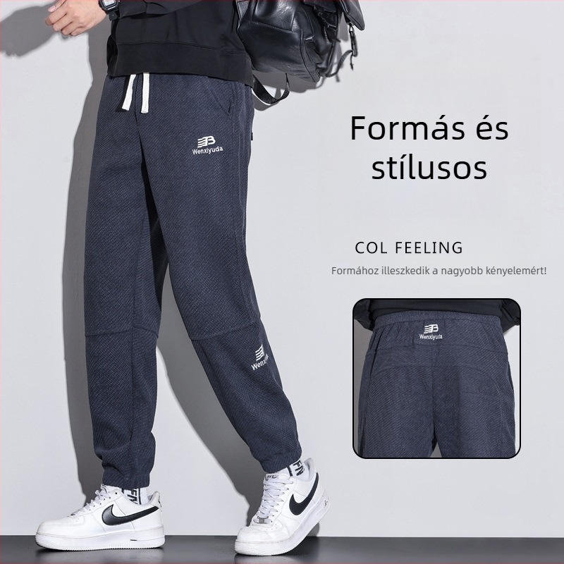 Férfi kötött, velúr béléses casual sportnadrág, koreai stílusban, mindennapi viselet