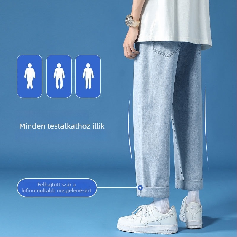 Hongkong-stílusú férfi farmernadrág, lazán szabott, széles szárú, trendi denim minden évszakra