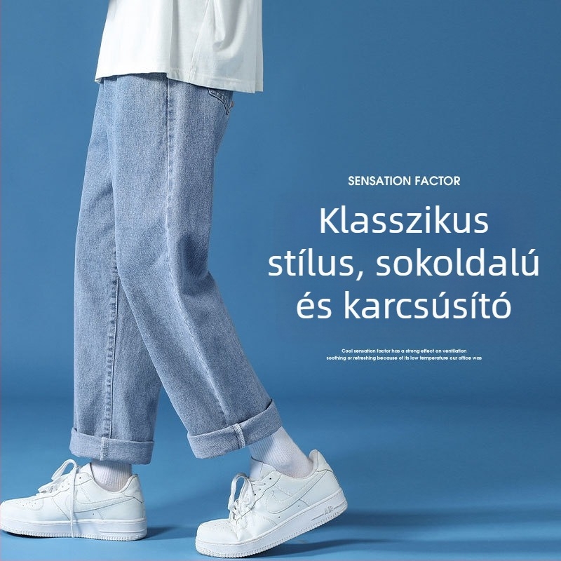 Hongkong-stílusú férfi farmernadrág, lazán szabott, széles szárú, trendi denim minden évszakra