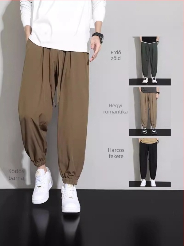 M-8XL Ice Silk férfi nyári vékony nadrág, cropped hossz, zsinórral, japán streetwear stílus