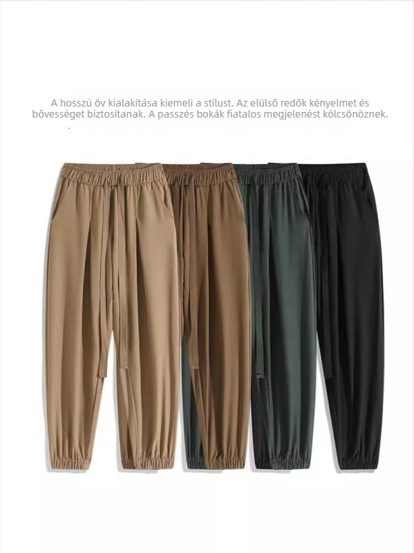 M-8XL Ice Silk férfi nyári vékony nadrág, cropped hossz, zsinórral, japán streetwear stílus