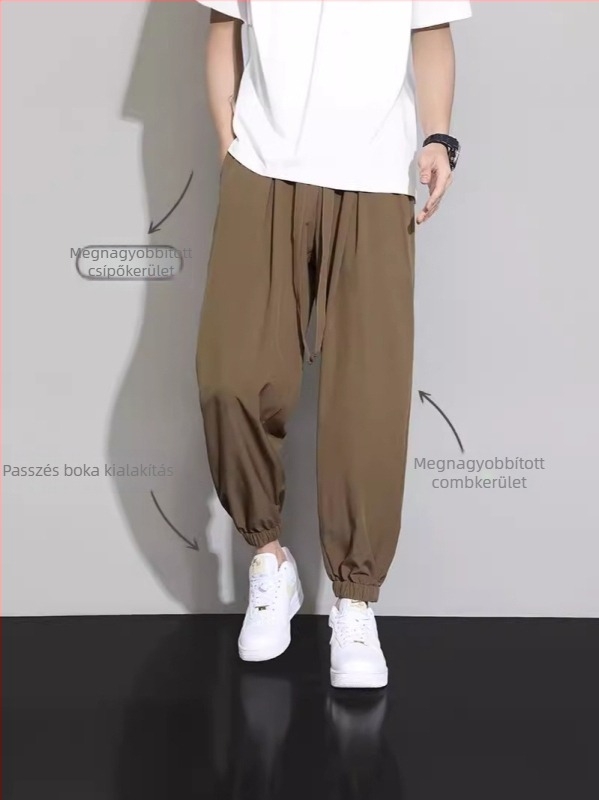 M-8XL Ice Silk férfi nyári vékony nadrág, cropped hossz, zsinórral, japán streetwear stílus