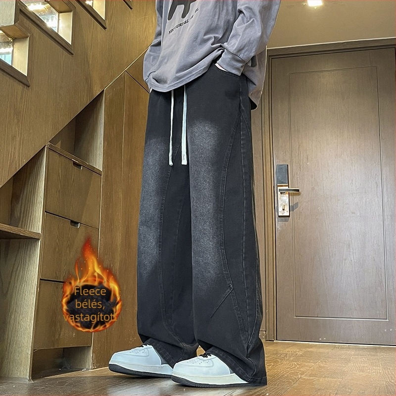 Férfi denim nadrág fleece-beléssel, téli egyenes szabás, laza mindennapi fazon