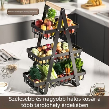 Konyhai pultra helyezhető, több emeletes gyümölcs- és zöldségtároló kosár