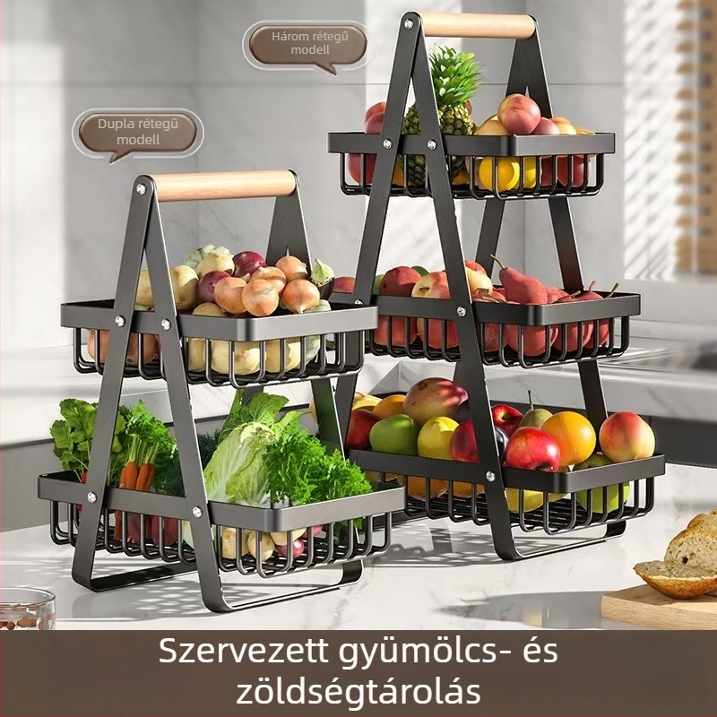 Konyhai pultra helyezhető, több emeletes gyümölcs- és zöldségtároló kosár
