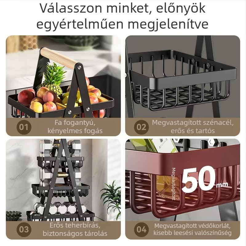 Konyhai pultra helyezhető, több emeletes gyümölcs- és zöldségtároló kosár