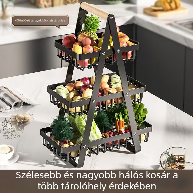 Konyhai pultra helyezhető, több emeletes gyümölcs- és zöldségtároló kosár