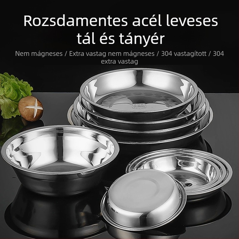 Személyre szabott 304 rozsdamentes acél kör alakú tál, vastagított kivitel kereskedelmi használatra, kantinába és otthoni használatra