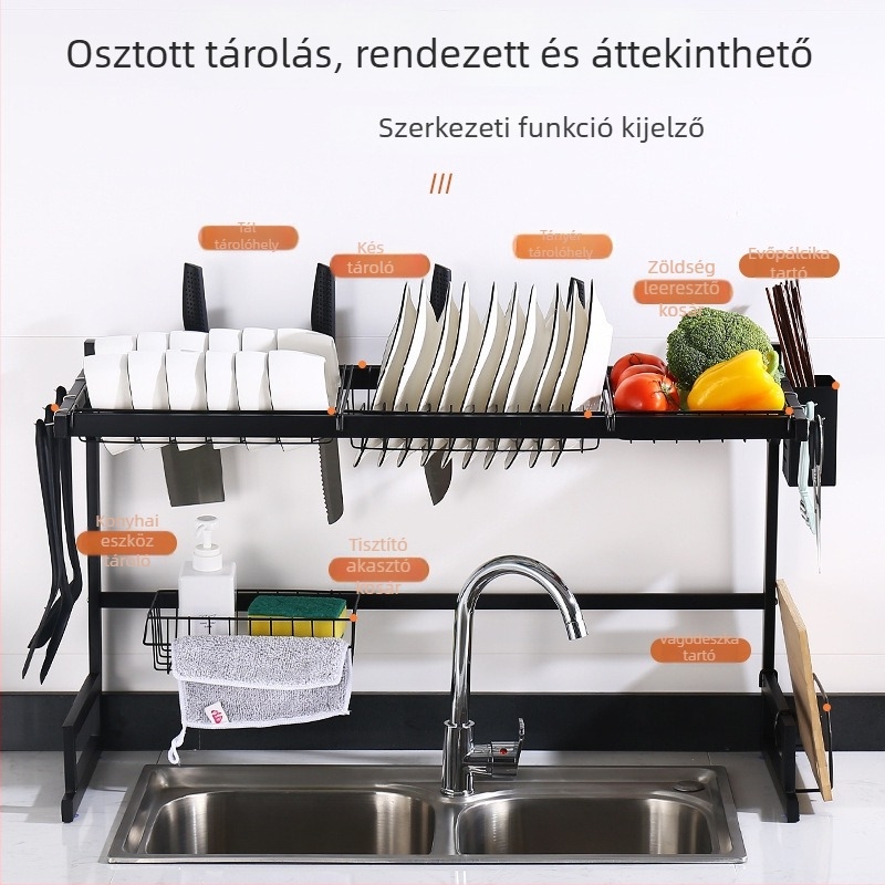 Konyhai mosogatóhoz tartozó pulton elhelyezhető edényekhez, multifunkcionális szárító- és tárolóállvány