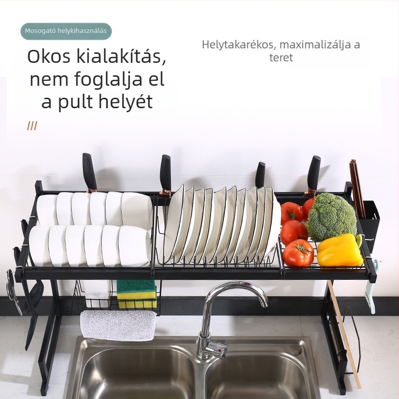 Konyhai mosogatóhoz tartozó pulton elhelyezhető edényekhez, multifunkcionális szárító- és tárolóállvány