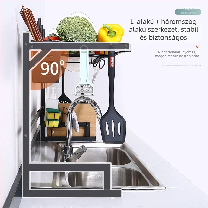 Konyhai mosogatóhoz tartozó pulton elhelyezhető edényekhez, multifunkcionális szárító- és tárolóállvány