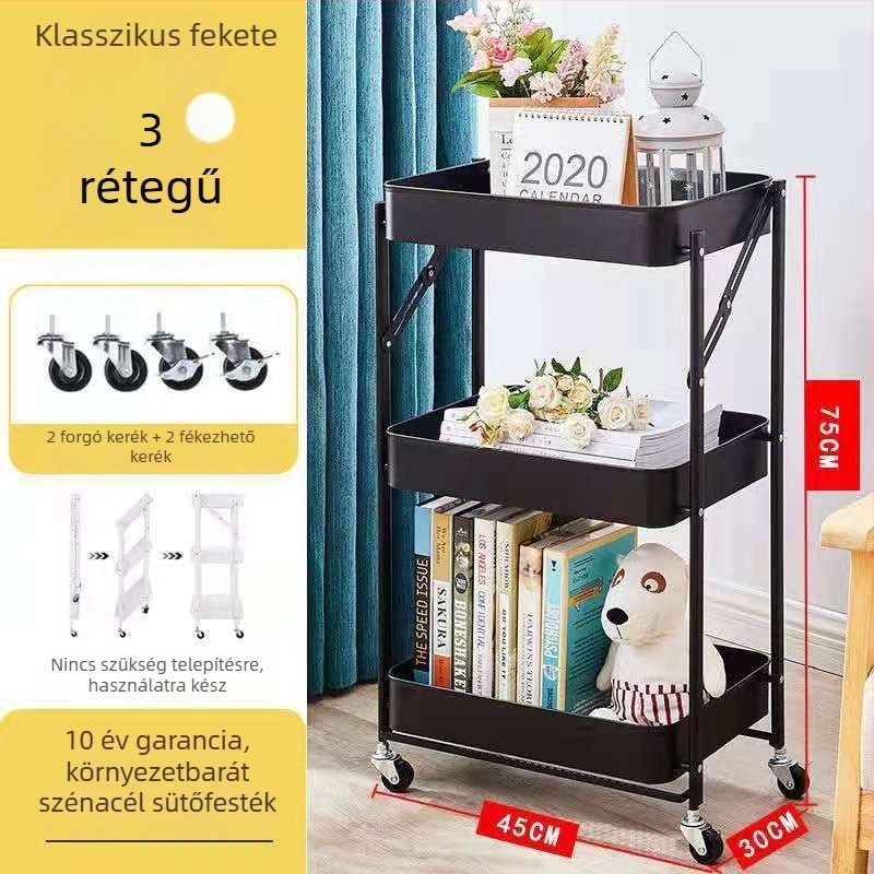 Szerelés nélküli összecsukható tároló kocsi konyhára, kerékkel