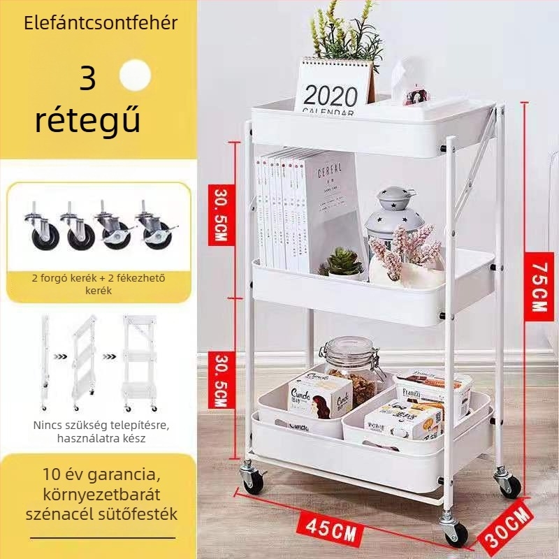 Szerelés nélküli összecsukható tároló kocsi konyhára, kerékkel