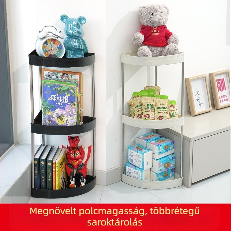 Konyhai sarokban elhelyezhető multifunkciós tároló polc felülettel a fűszerek, olaj, só, szósz és ecet számára