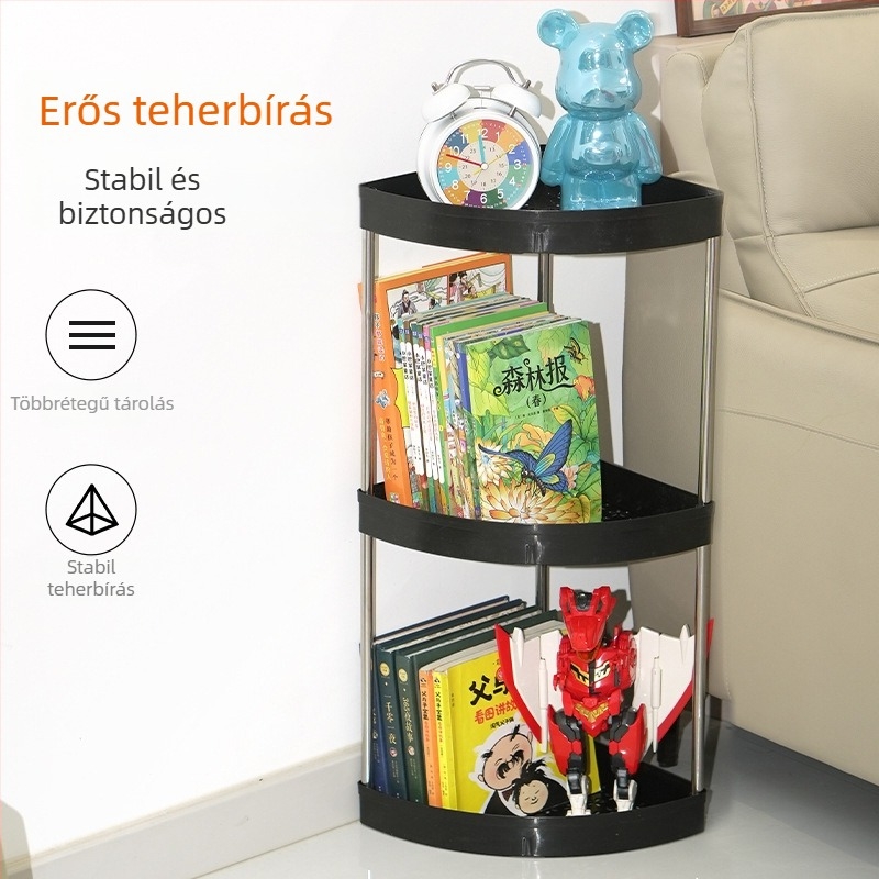 Konyhai sarokban elhelyezhető multifunkciós tároló polc felülettel a fűszerek, olaj, só, szósz és ecet számára