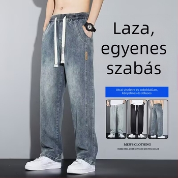Férfi denimnadrág – széles lábakkal, egyenes szabás, magas derekú, mindennapi viselet