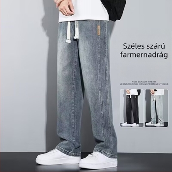 Férfi denimnadrág – széles lábakkal, egyenes szabás, magas derekú, mindennapi viselet