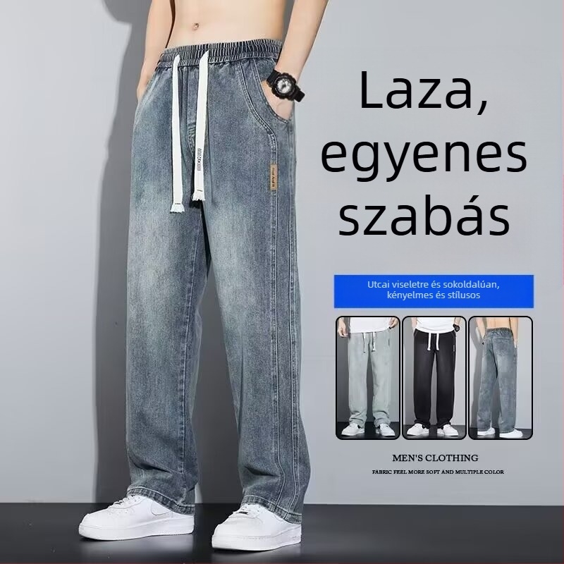 Férfi denimnadrág – széles lábakkal, egyenes szabás, magas derekú, mindennapi viselet