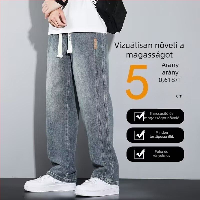 Férfi denimnadrág – széles lábakkal, egyenes szabás, magas derekú, mindennapi viselet
