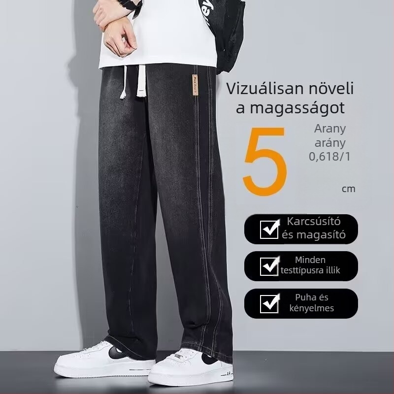 Férfi denimnadrág – széles lábakkal, egyenes szabás, magas derekú, mindennapi viselet