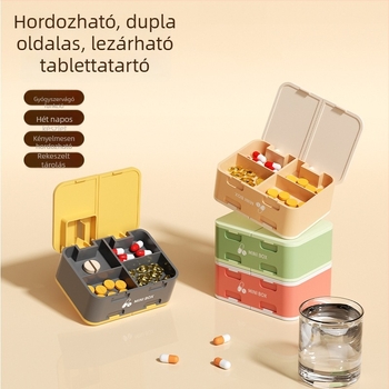 Kétoldalas tablettavágó és adagoló, 7 rekeszes mini tablettatartó, hordozható gyógyszer szervező, zárt tároló doboz