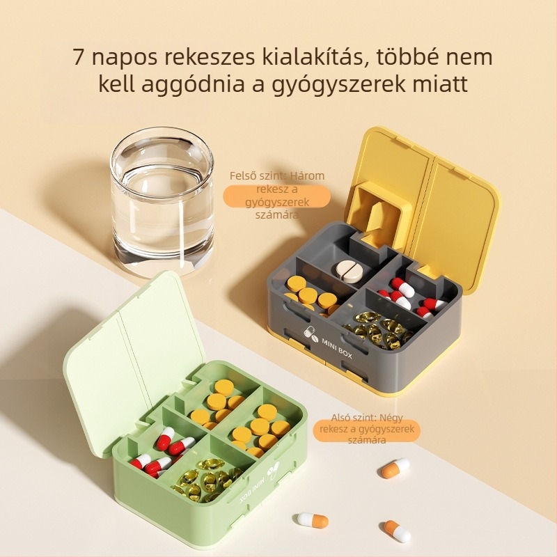 Kétoldalas tablettavágó és adagoló, 7 rekeszes mini tablettatartó, hordozható gyógyszer szervező, zárt tároló doboz