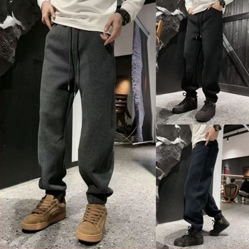 Téli férfi casual nadrág 3D-s szabással és patchworkkal, laza szabás, fleece béléssel, középmagas derekú, egyenes szár