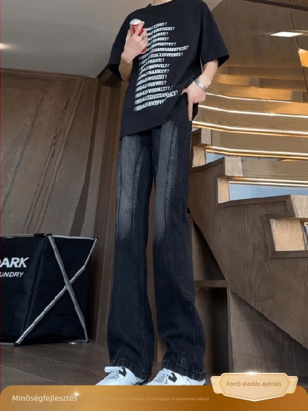 Férfiaknak készült vintage kék bootcut farmer, magas derékkal, keskeny egyenes szár, mosott hatás