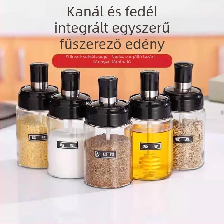 Üveg fűszertartó palack beépített kanállal és fedővel, nedvességzáró készlet sóhoz, csirke kivonathoz és nátrium-glutamáthoz
