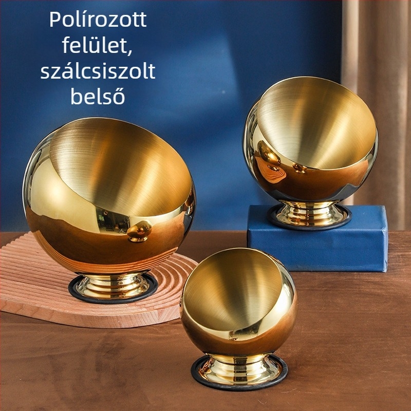 Rozsdamentes acélból készült gömb alakú szószos tál fedővel, ferde szájú, önkiszolgáló büféhez